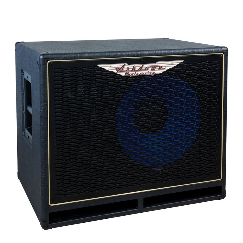 Ashdown ABM 115h evo iv compact cabinet left with black grill and blue speaker