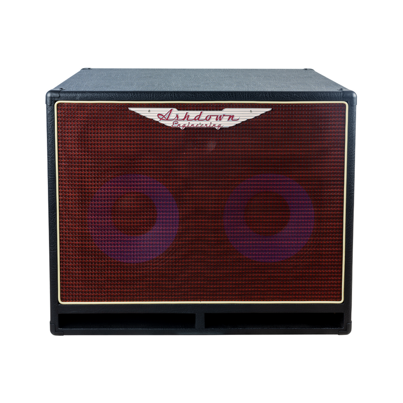 Ashdown ABM 210h evo iv compact cabinet front with red grill and blue speakers
