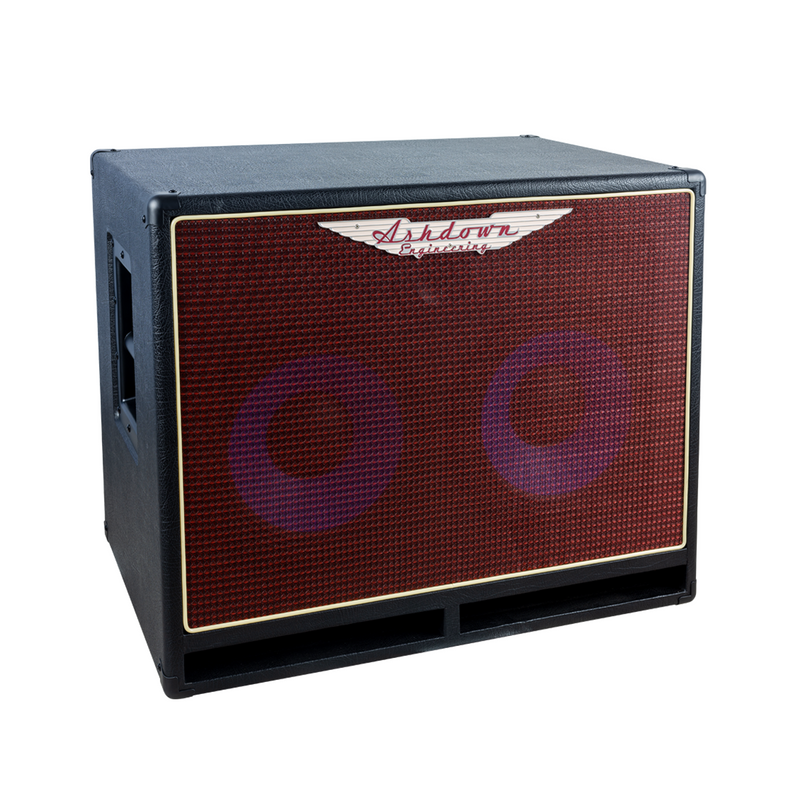 Ashdown ABM 210h evo iv compact cabinet left with red grill and blue speakers