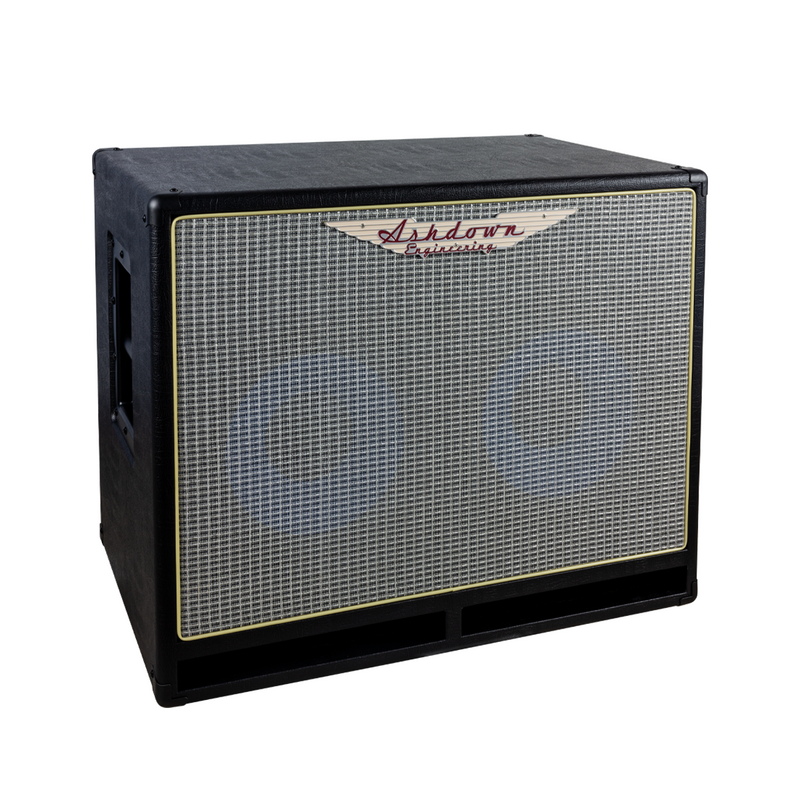 Ashdown ABM 210h evo iv compact cabinet left with silver grill and blue speakers