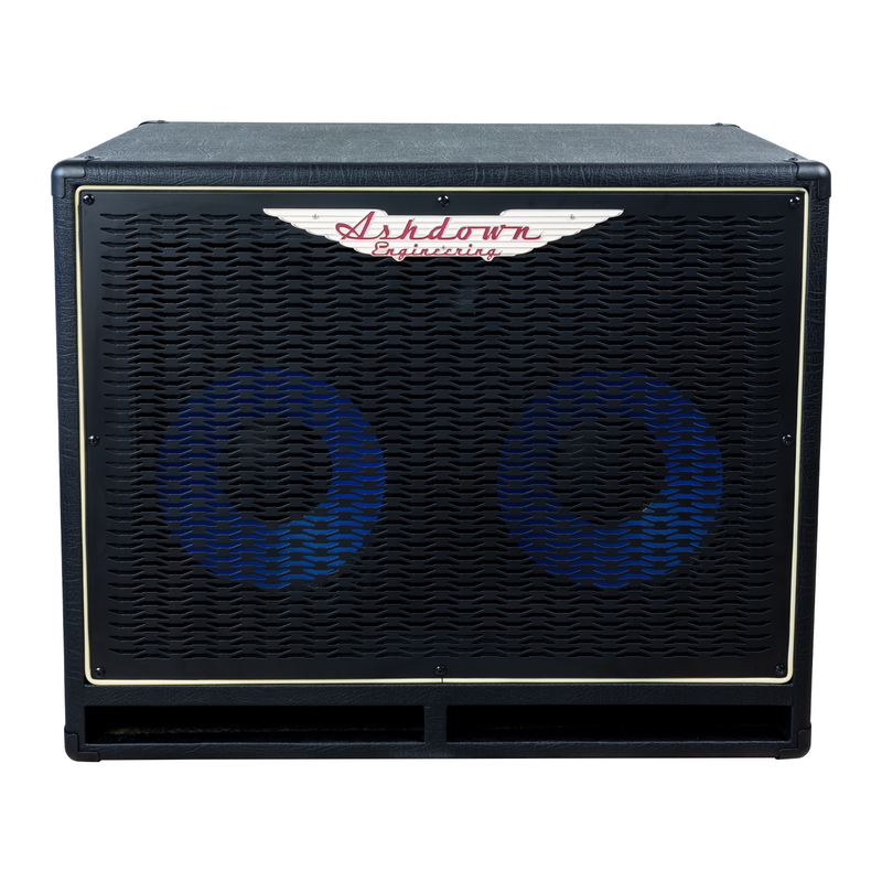 Ashdown ABM 210h evo iv compact cabinet front with black grill and blue speakers