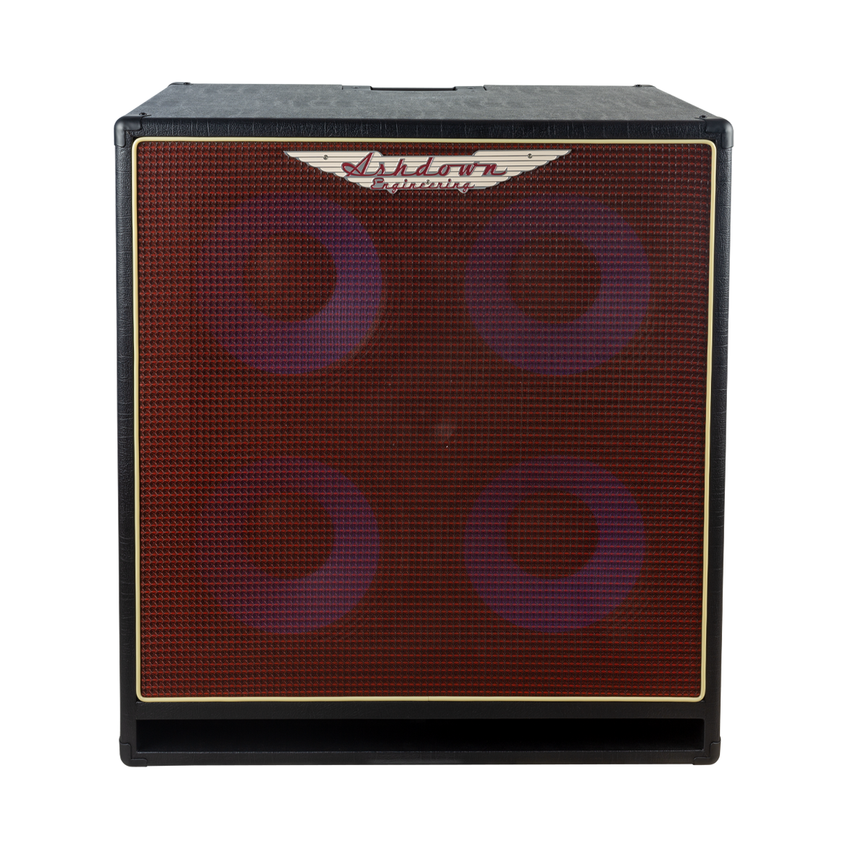 Ashdown ABM 410h evo iv cabinet front with red grill and blue speakers