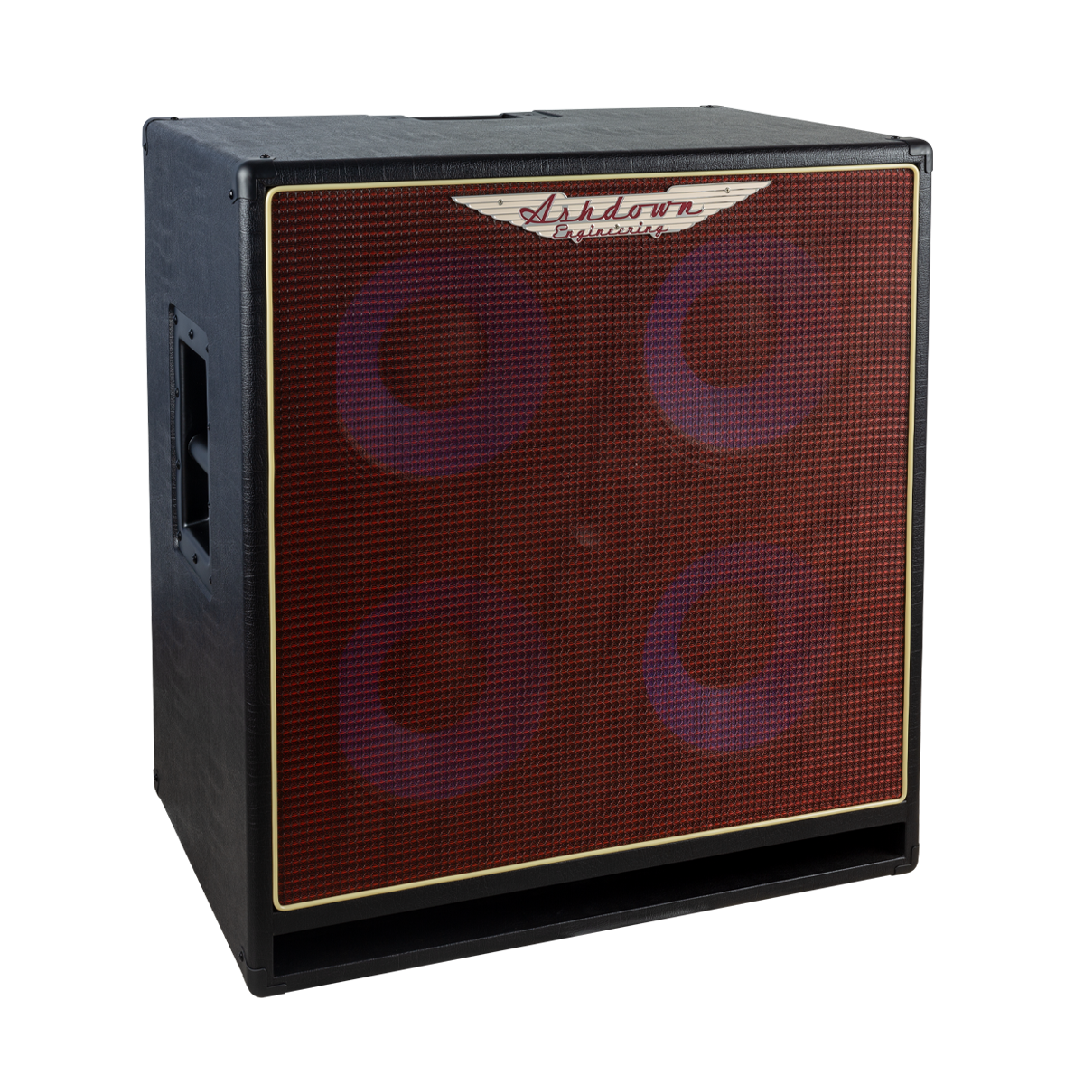 Ashdown ABM 410h evo iv cabinet left with red grill and blue speakers