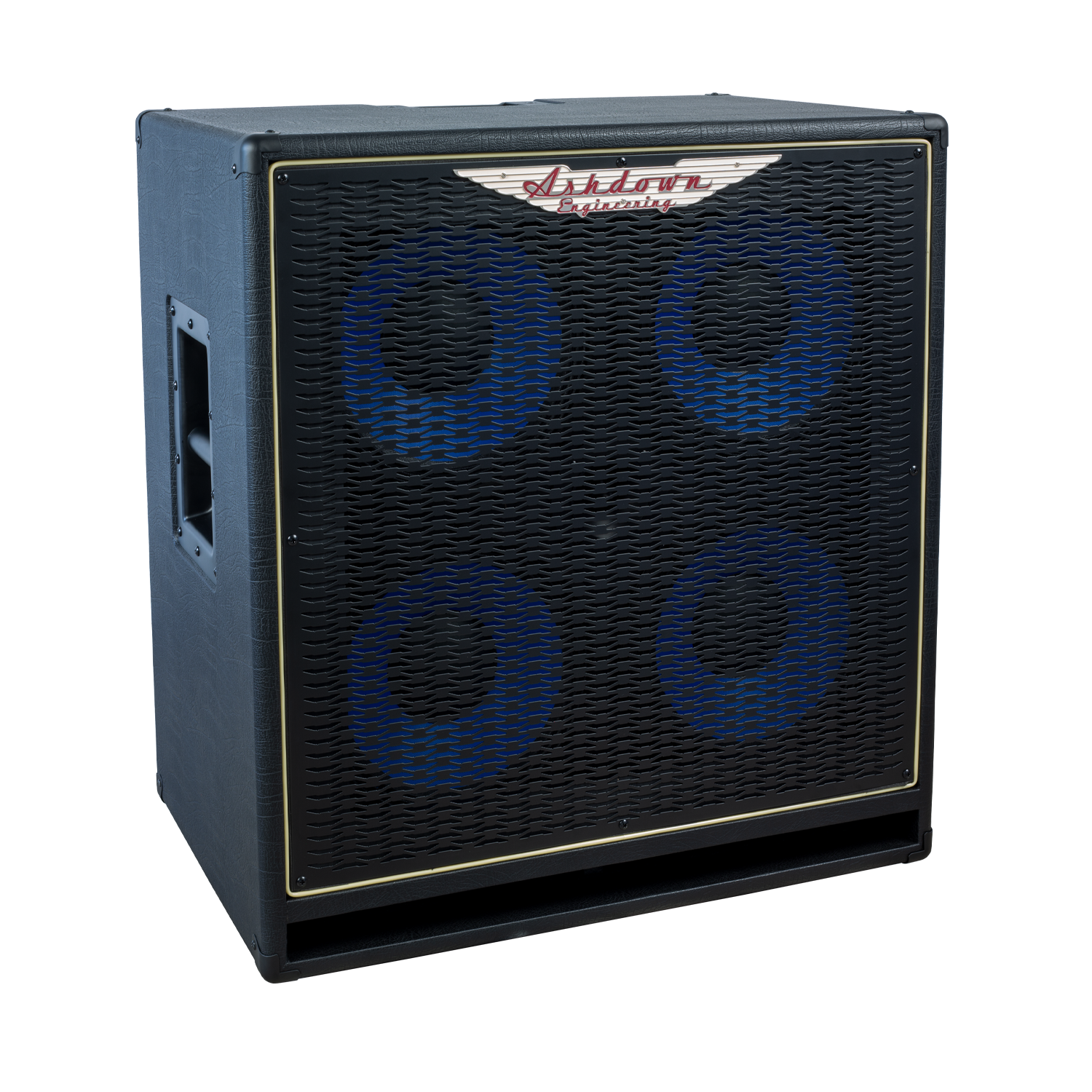 ashdown 410h evo iv cabinet left with black grill and blue speakers