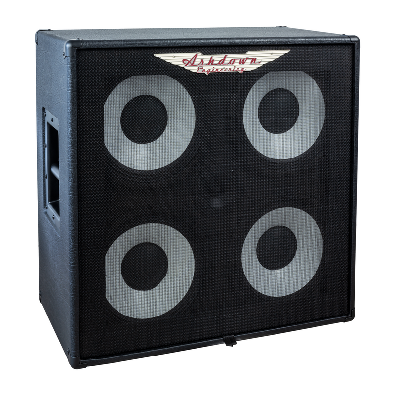 ashdown rm 414t evo ii super lightweight bass cabinet left with black grill and grey speakers