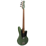 Left angle of the Green Ashdown Saint Soap Bass with black scratchplate