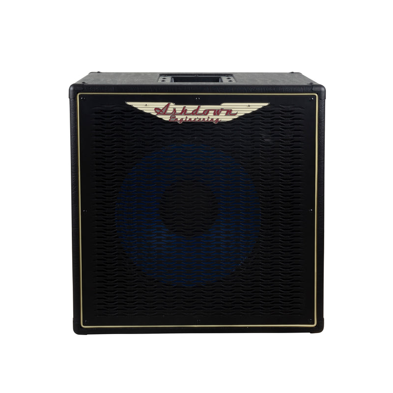 Ashdown ABM 115h evo iv pro neo cabinet front with black grill and blue speaker