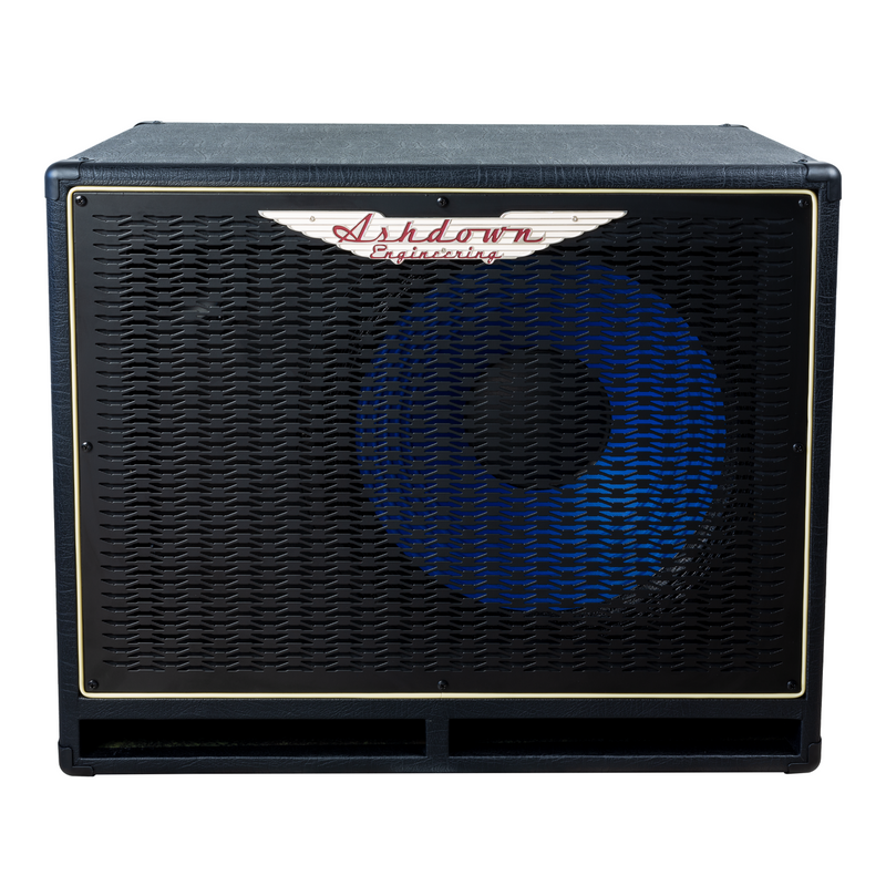 Ashdown ABM 115h evo iv compact cabinet front with black grill and blue speaker