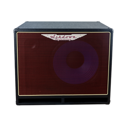 Ashdown ABM 115h evo iv compact cabinet front with red grill and blue speaker