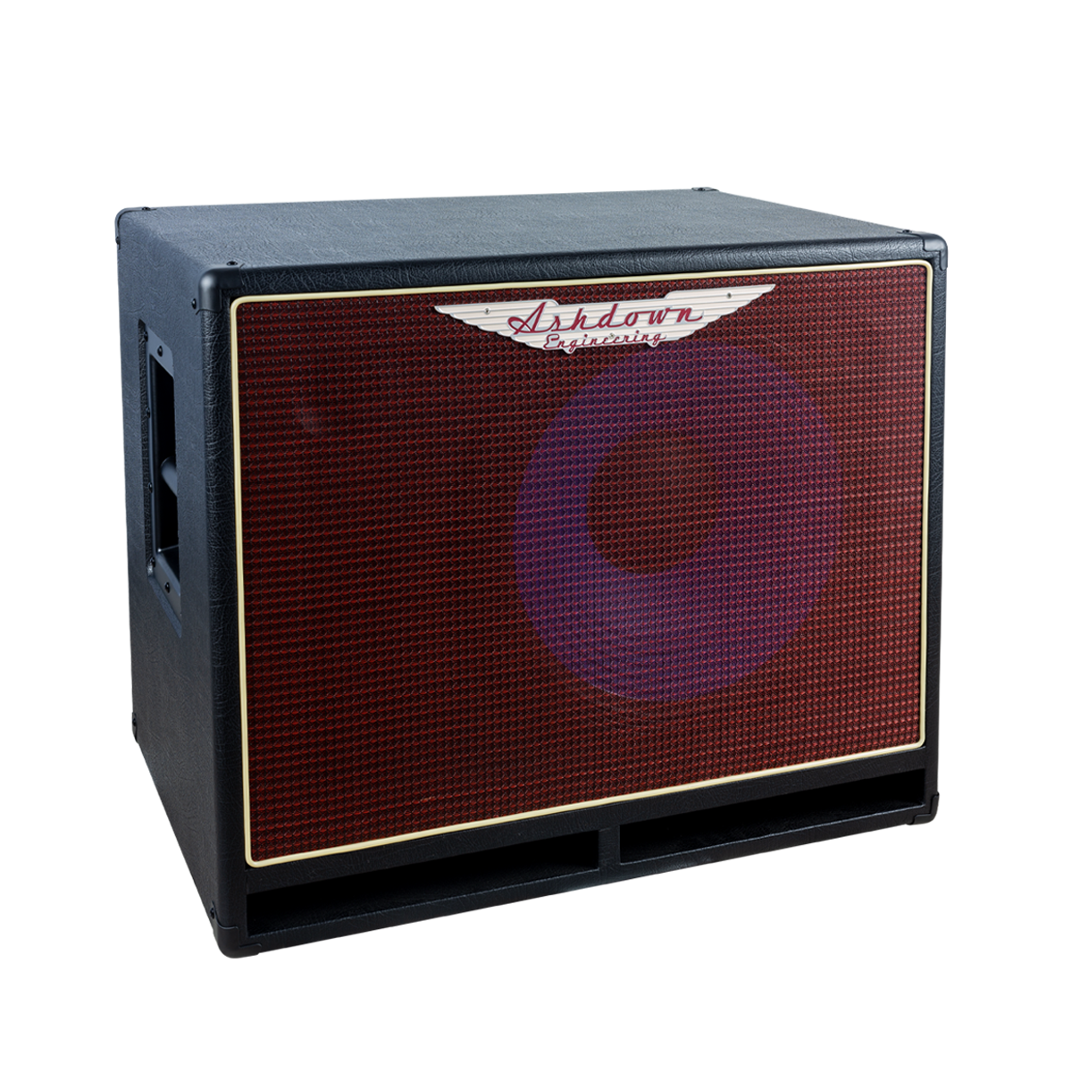 Ashdown ABM 115h evo iv compact cabinet left with red grill and blue speaker