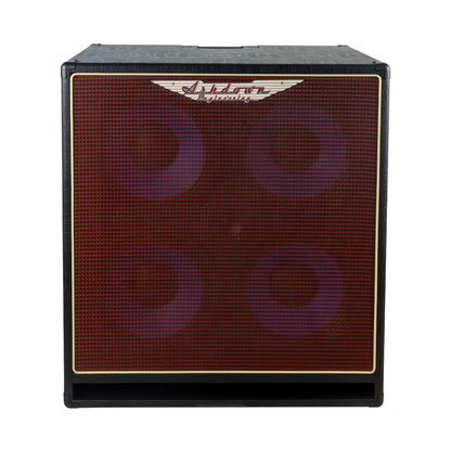 Ashdown ABM 410h evo iv cabinet front with red grill and blue speakers