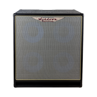 Ashdown ABM 410h evo iv cabinet front with silver grill and blue speakers