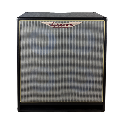 Ashdown ABM 410h evo iv cabinet front with silver grill and blue speakers