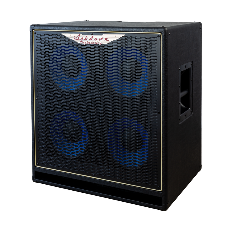 Ashdown ABM 410h evo iv cabinet right with black grill and blue speakers