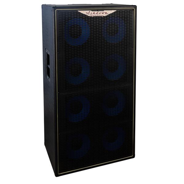 Ashdown ABM 810 evo iv cabinet left with black grill and blue speakers