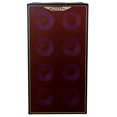 Ashdown ABM 810 evo iv cabinet front with red grill and blue speakers
