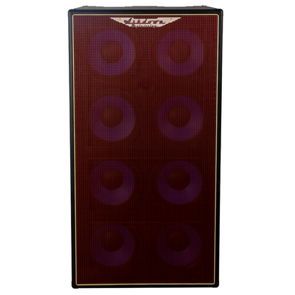 Ashdown ABM 810 evo iv cabinet front with red grill and blue speakers