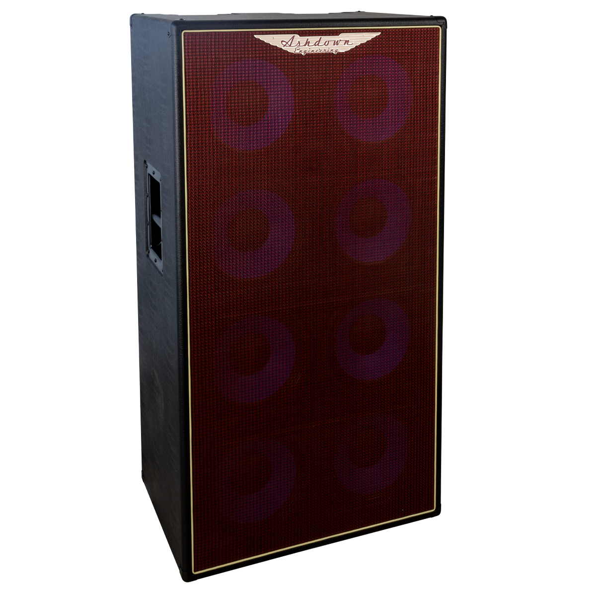 Ashdown ABM 810 evo iv cabinet left with red grill and blue speakers