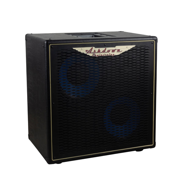 Ashdown ABM 210h evo iv pro neo cabinet left with black grill and blue speaker