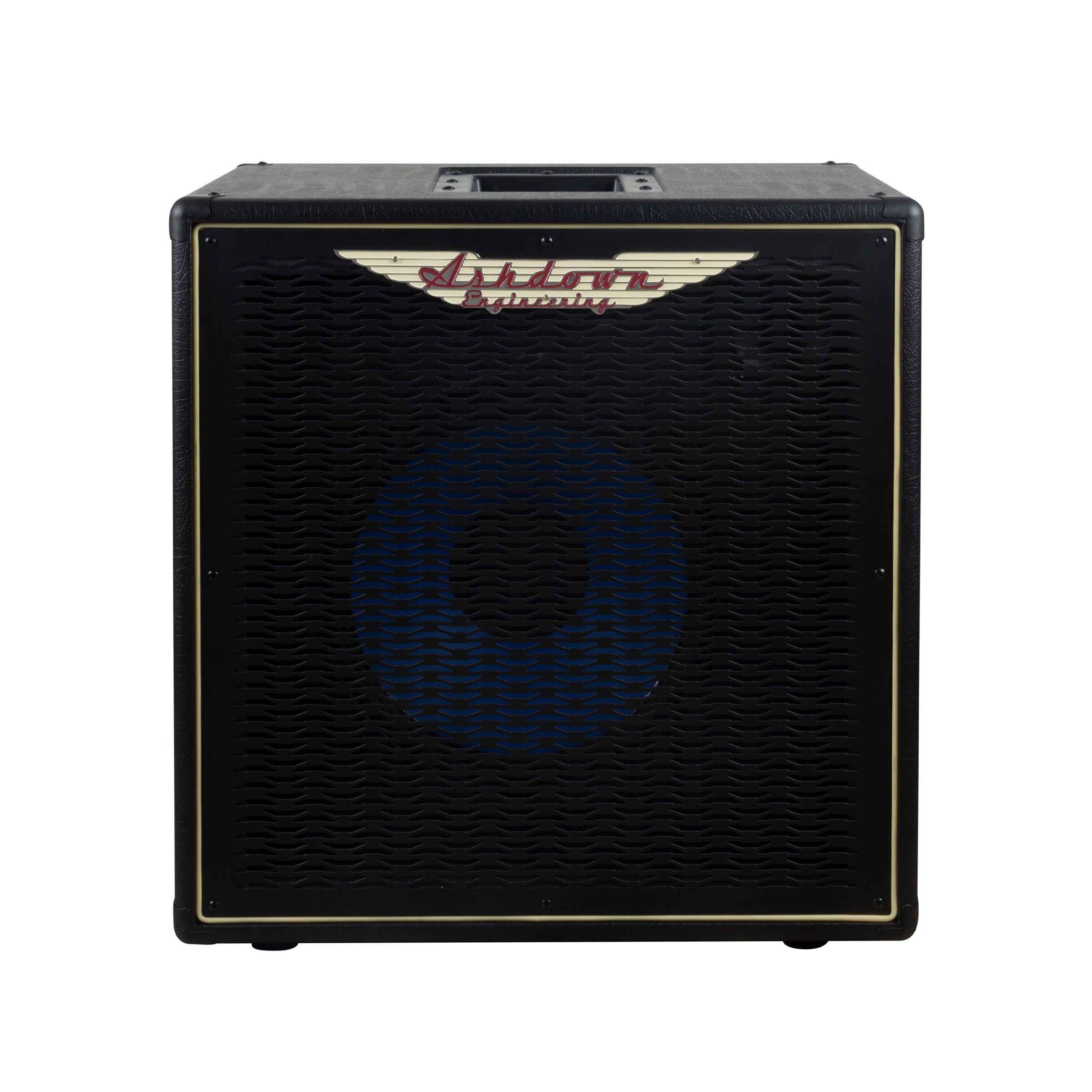 Ashdown ABM 112h evo iv pro neo cabinet front with black grill and blue speaker