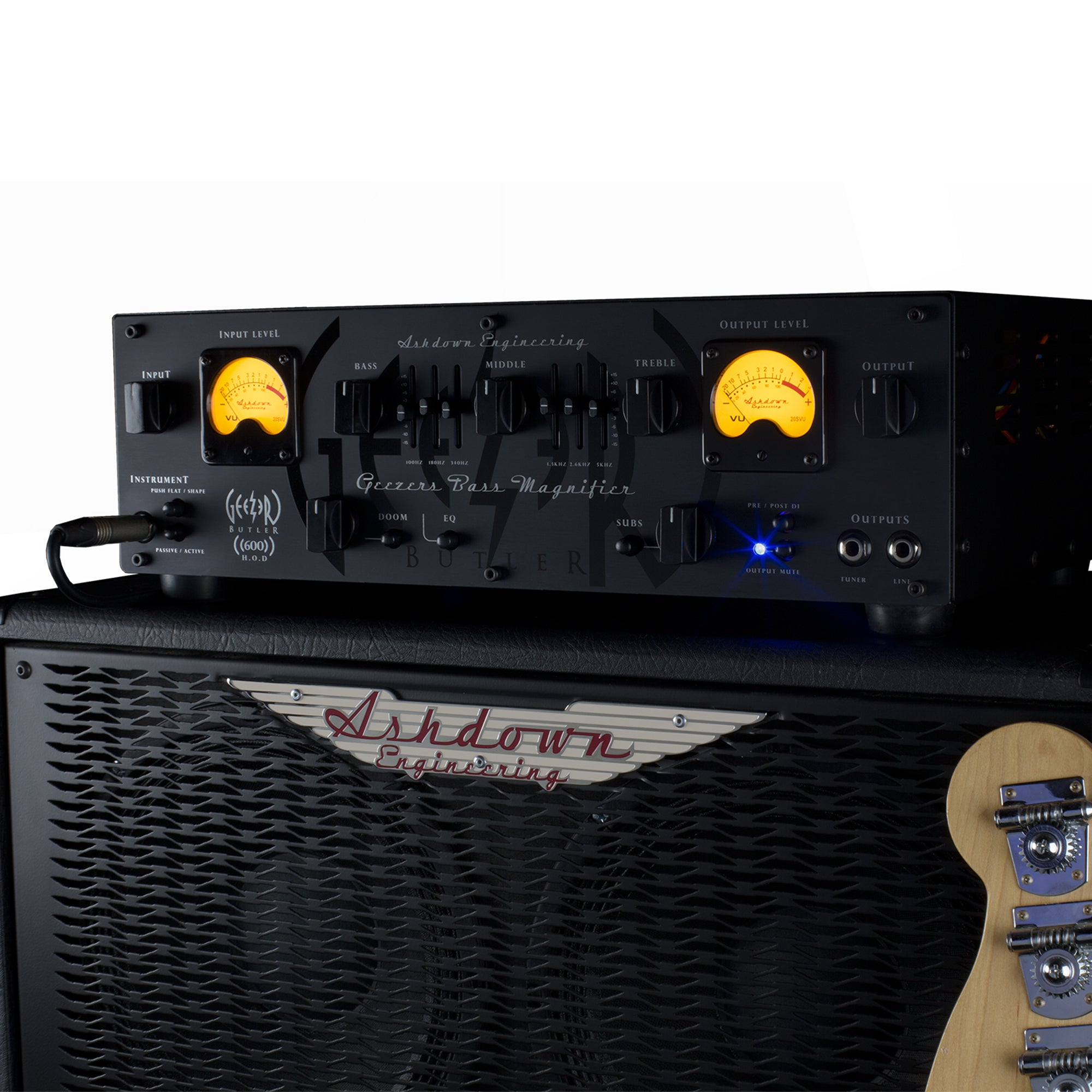 Ashdown Geezer Butler Head of Doom set up with cabinet and bass guitar