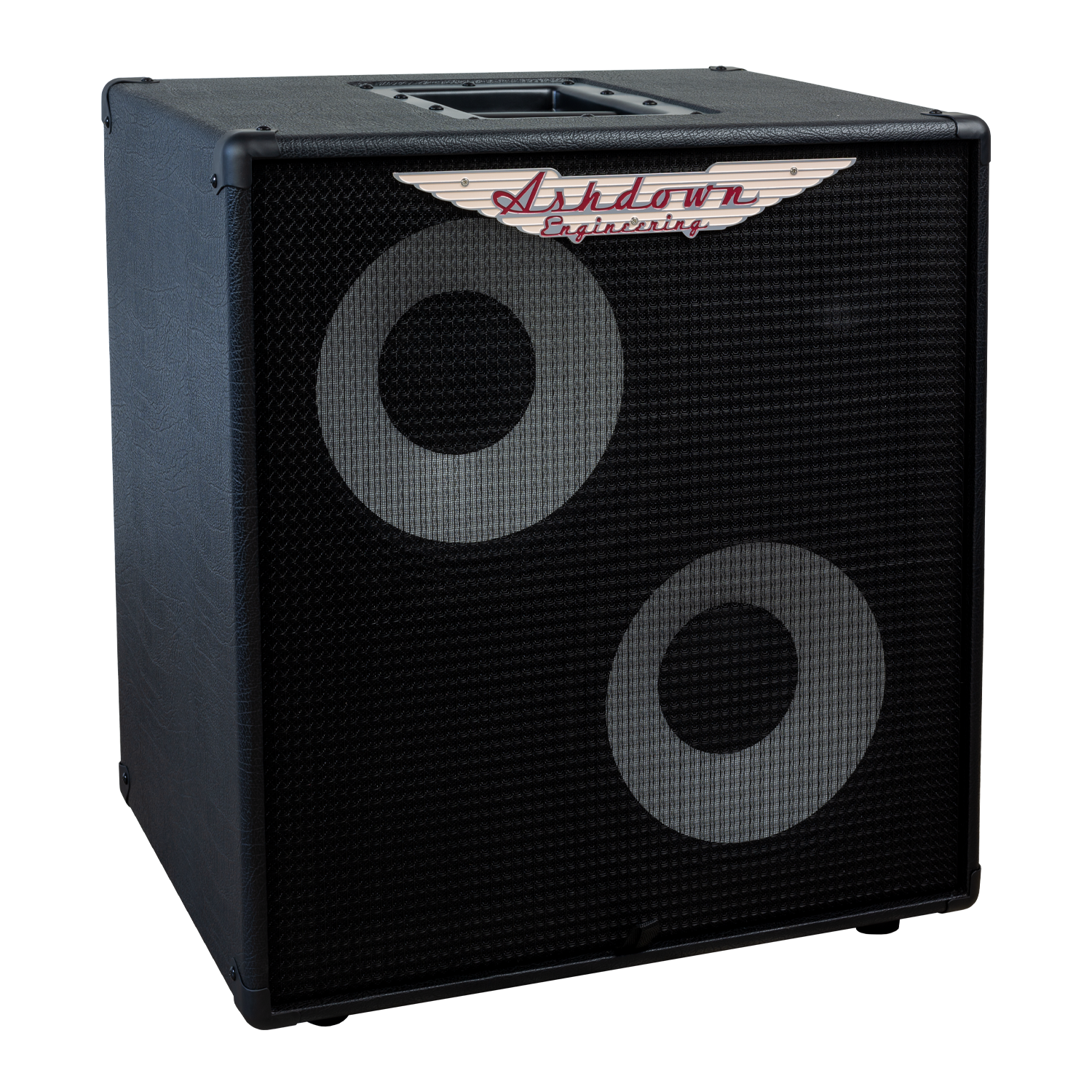 ashdown rm 210t evo ii super lightweight bass cabinet left black with black grill and white speakers