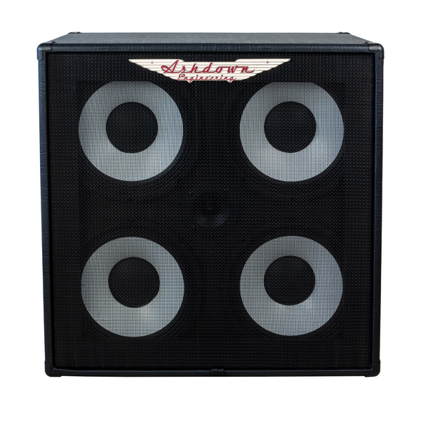 ashdown rm 414t evo ii super lightweight bass cabinet front with black grill and grey speakers