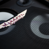 Close up of the double wing ashdown logo on the ashdown rm 410 evo ii super lightweight cabinet
